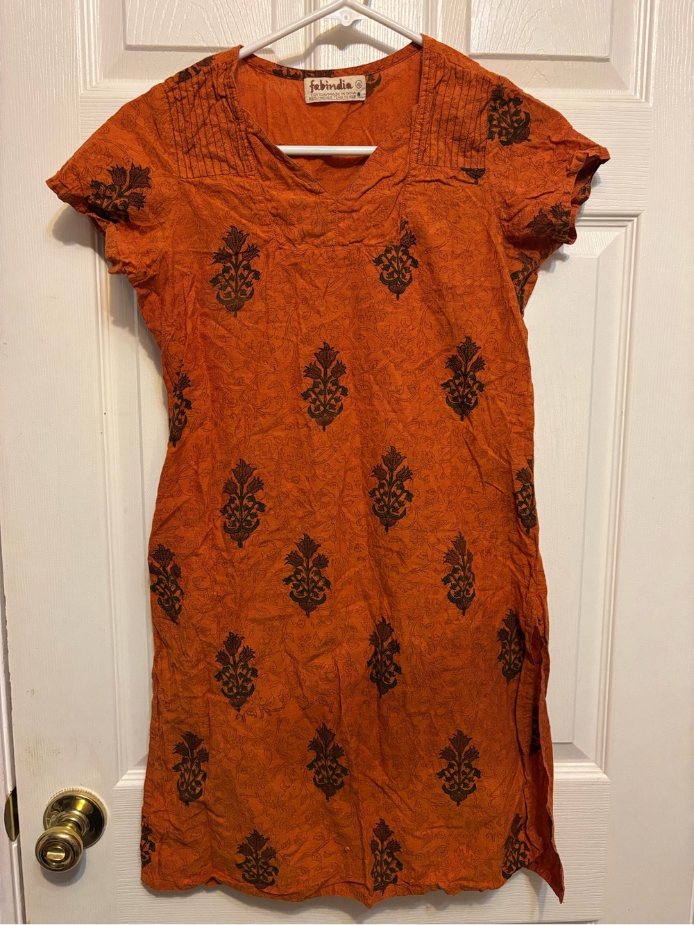 Fabindia Women’sOrange Cotton Printed Short Sleeve Kurta Tunic - XS